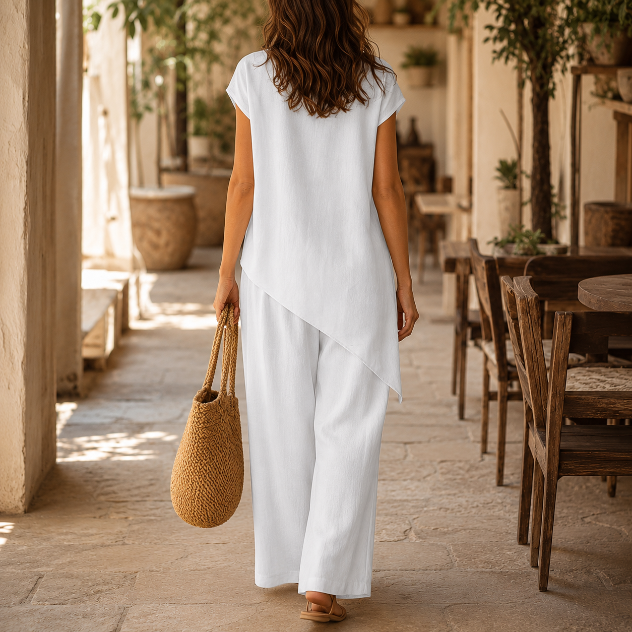 Elovena – Ensemble assorti à ourlet asymétrique avec pantalons à jambes larges