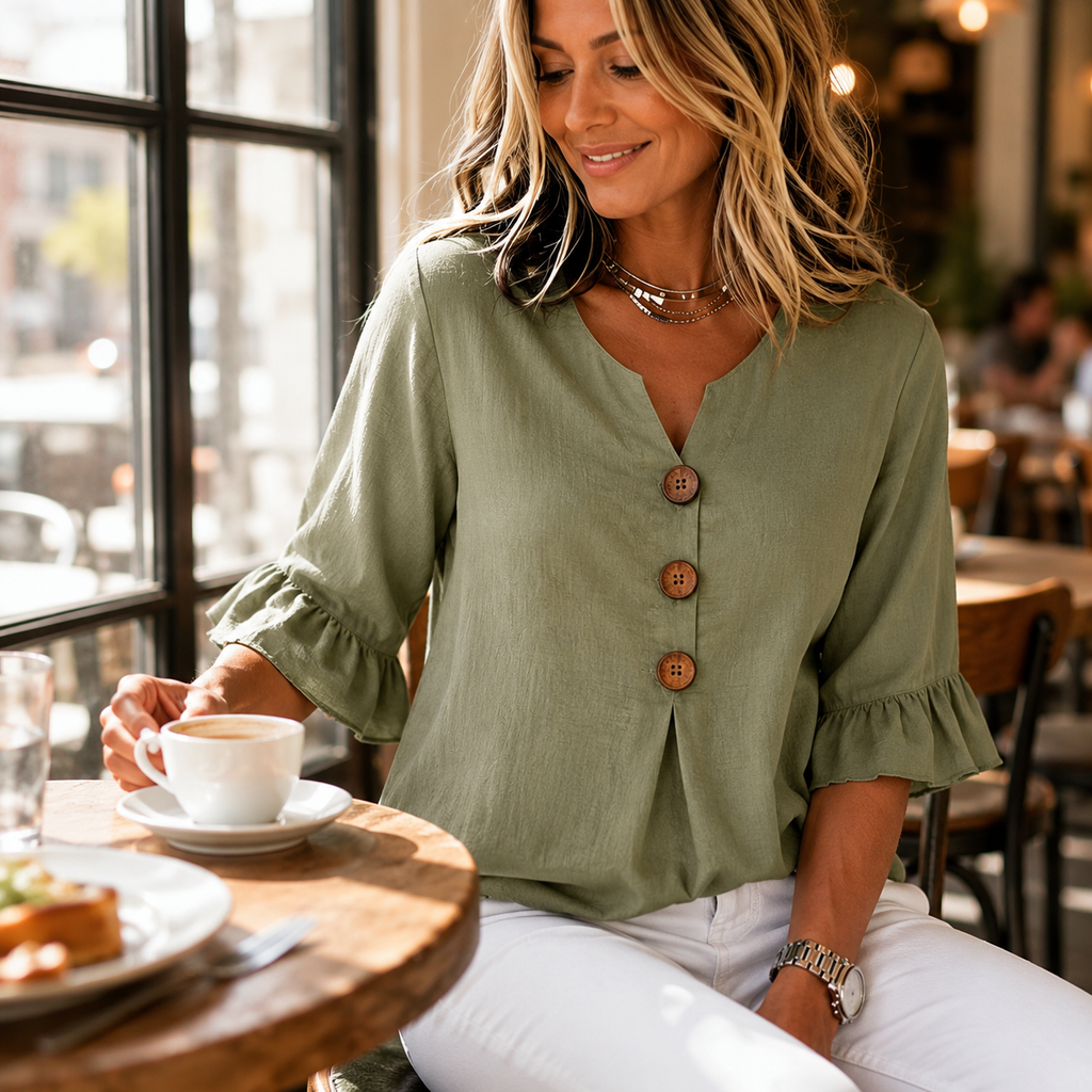 Laurelle – Blouse à manches volantées et décolleté en V avec boutons