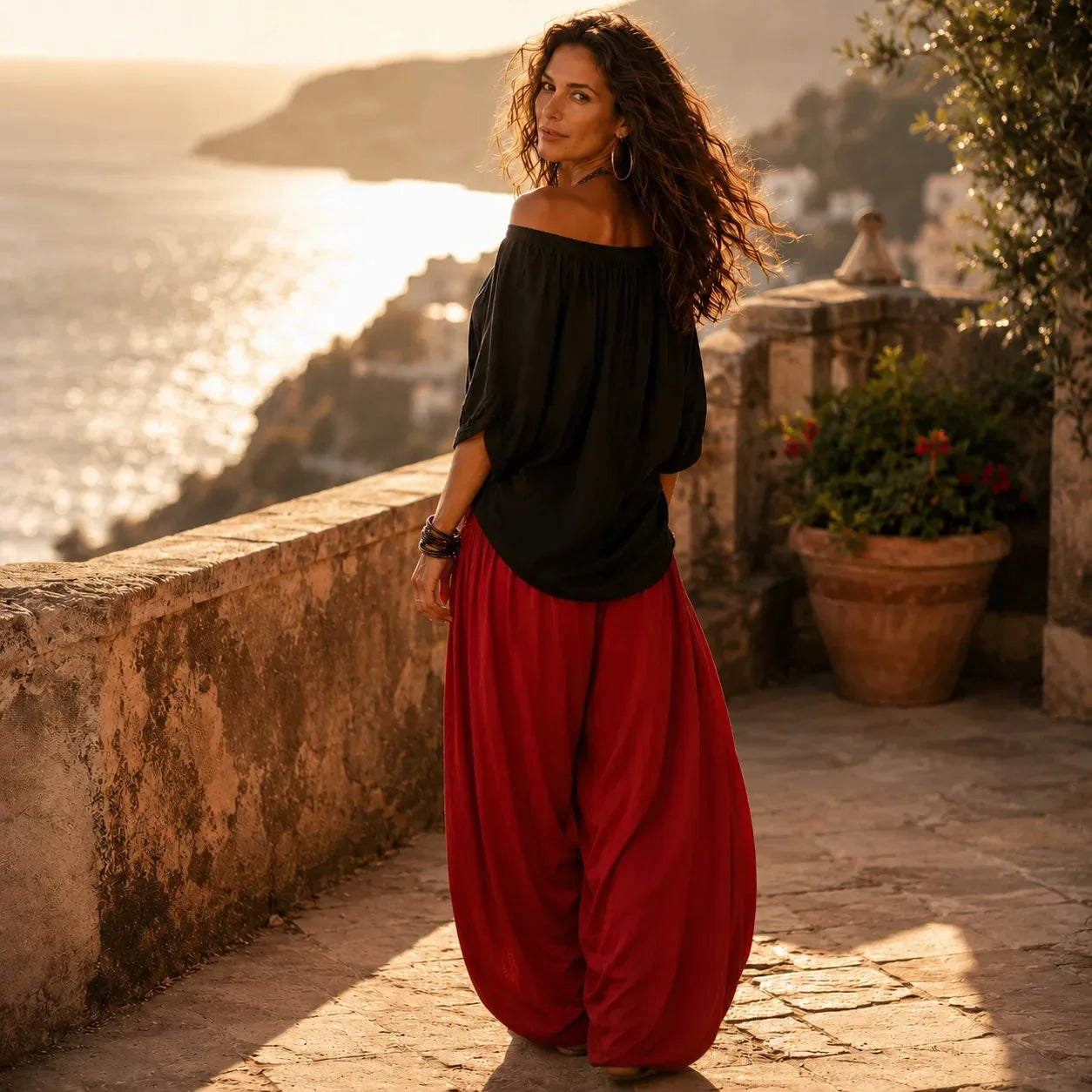 Solenza – Ensemble Haut Off-Shoulder Boho et Pantalons Lantern pour Femmes
