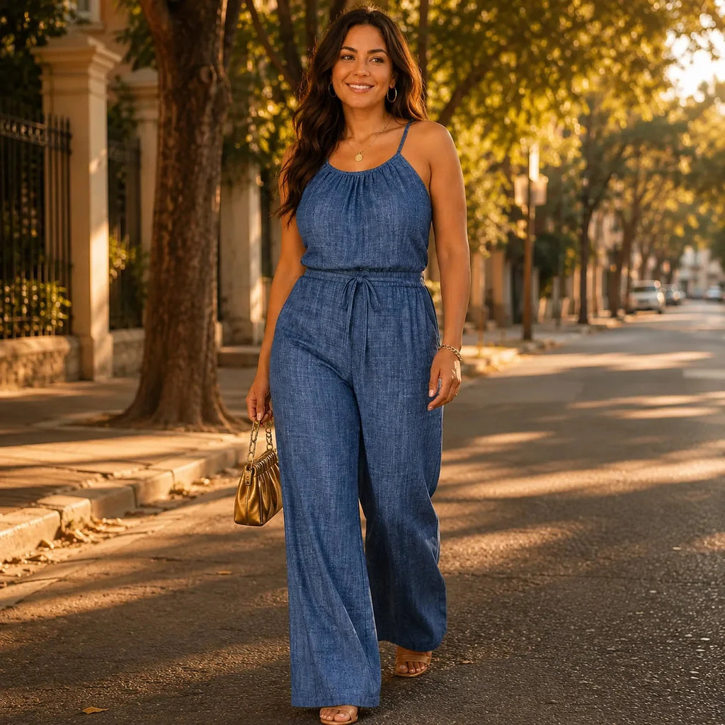 Soraya – Combinaison à bretelles larges avec cordon de serrage, Look Denim d'été