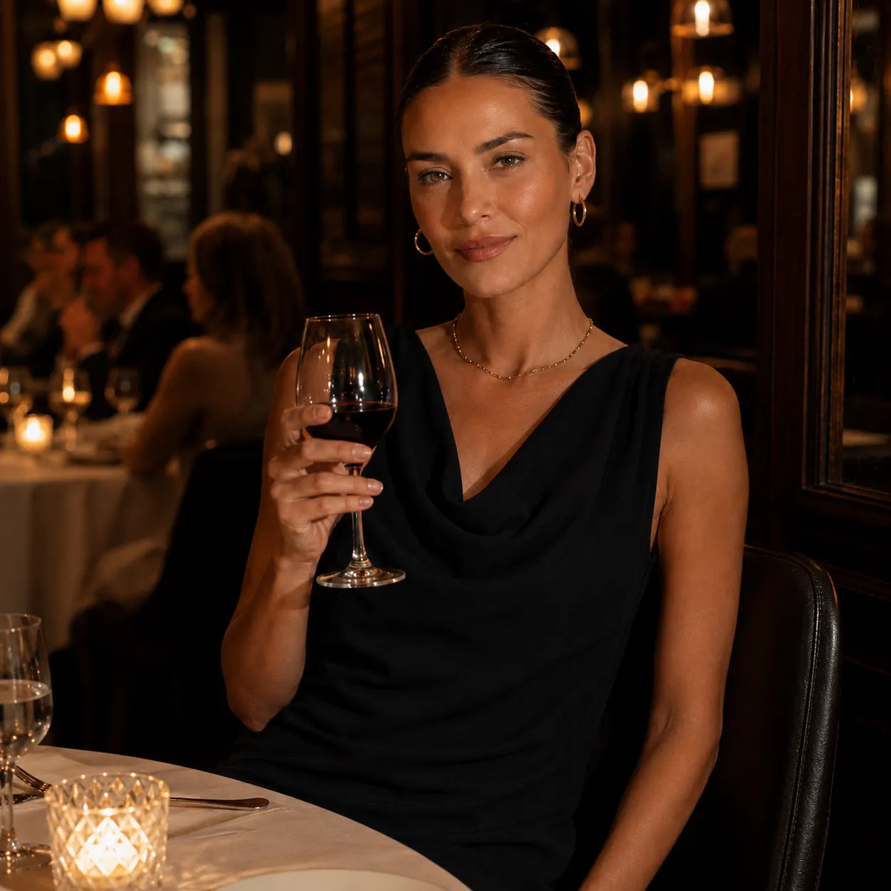Solenne – Robe Mini à Col Châle avec Poches, Coupe Slim Sans Manches