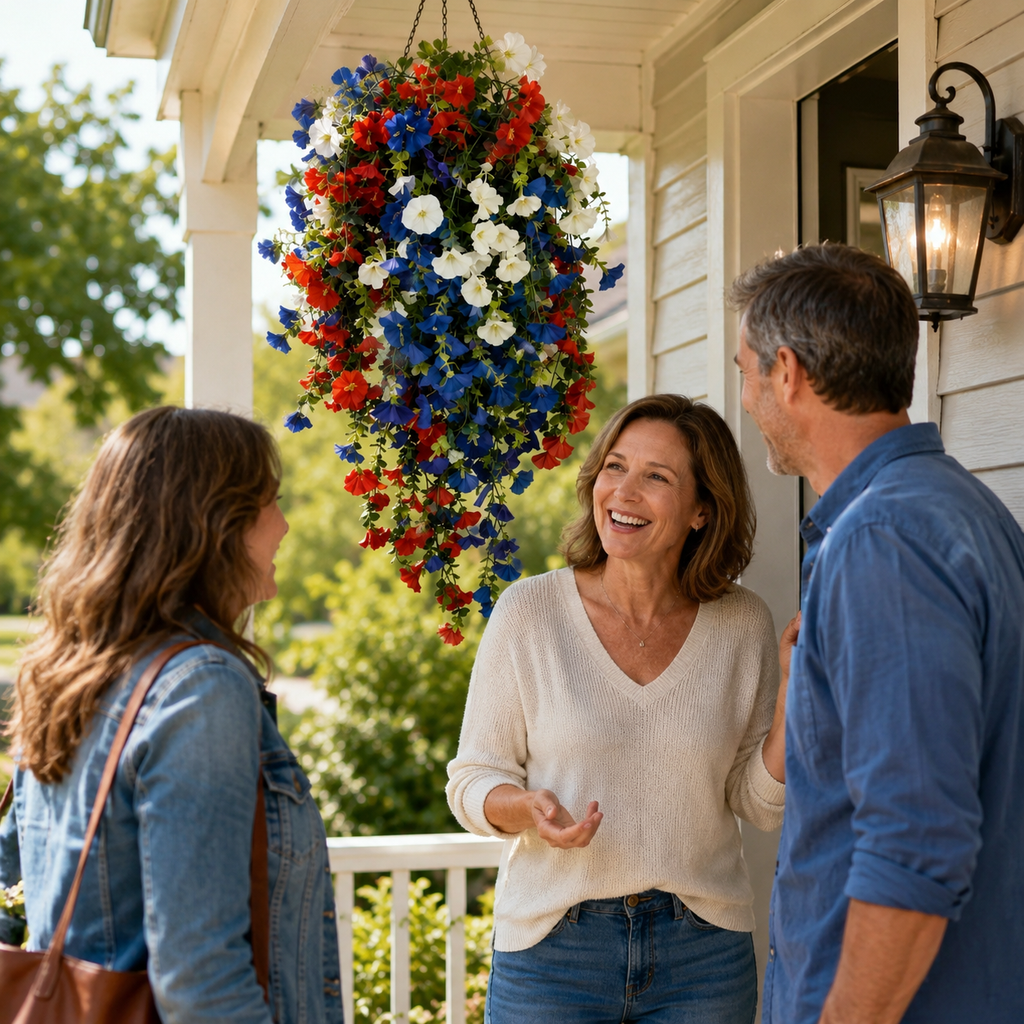 Liberty Bloom – Panier de Fleurs Suspendu Patriotique avec Lumières LED, Fleurs en Soie Rouge, Blanche et Bleue pour la Décoration de Porche du 4 Juillet