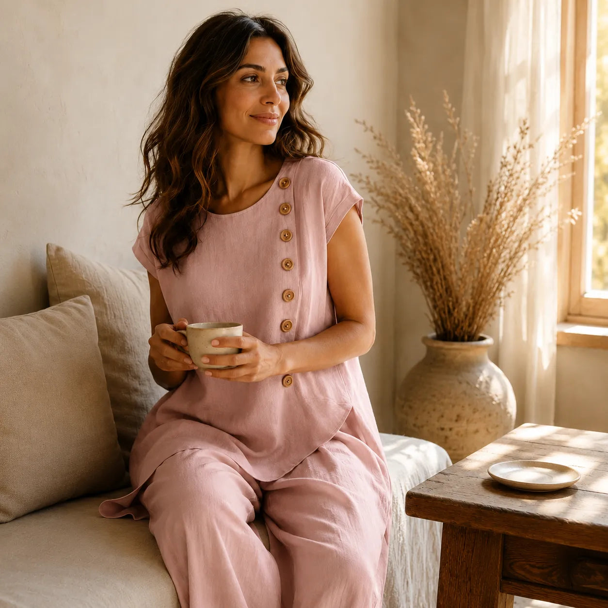 Elovena – Ensemble assorti à ourlet asymétrique avec pantalons à jambes larges
