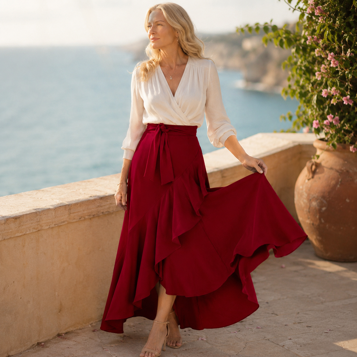 Veluna – Jupe maxi asymétrique à volants en vichy pour femmes