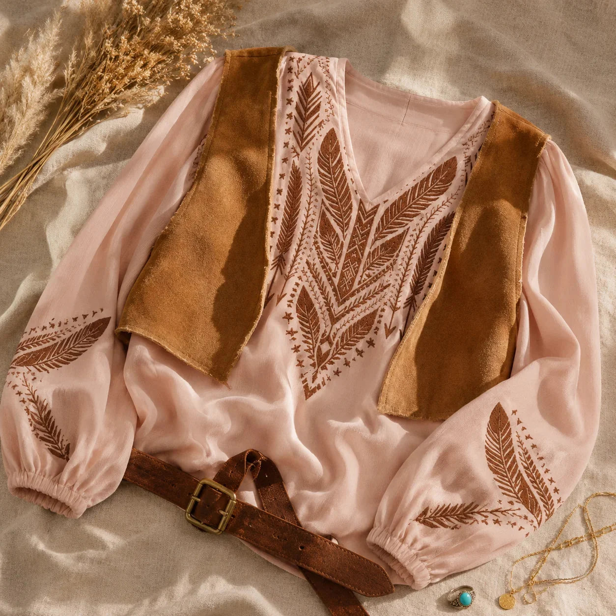 Soluna – Blouse Boho Brodée, Col en V, Manches Bouffantes