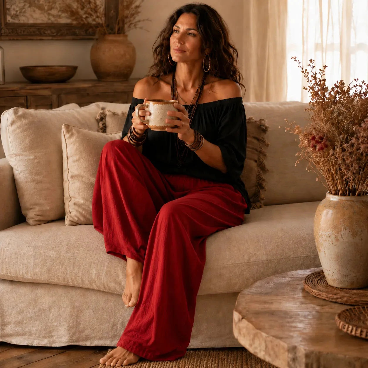 Solenza – Ensemble Haut Off-Shoulder Boho et Pantalons Lantern pour Femmes