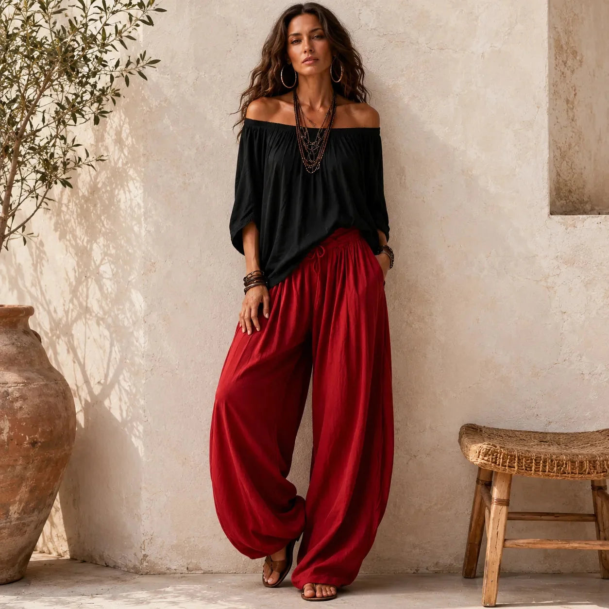 Solenza – Ensemble Haut Off-Shoulder Boho et Pantalons Lantern pour Femmes