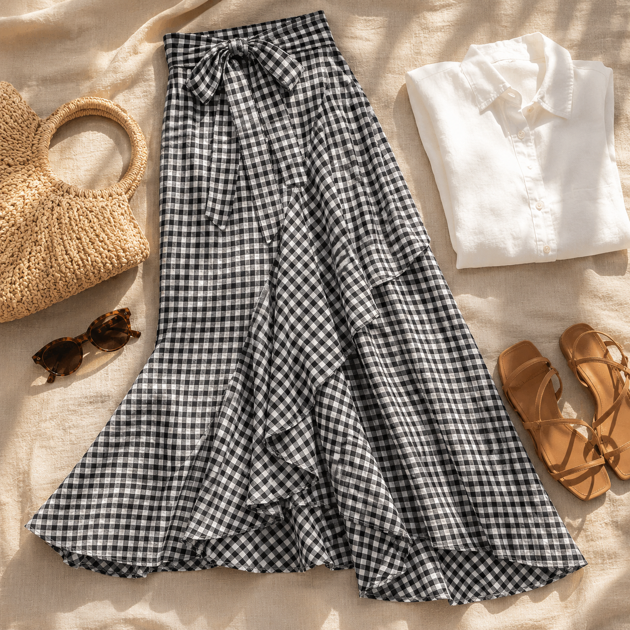 Veluna – Jupe maxi asymétrique à volants en vichy pour femmes