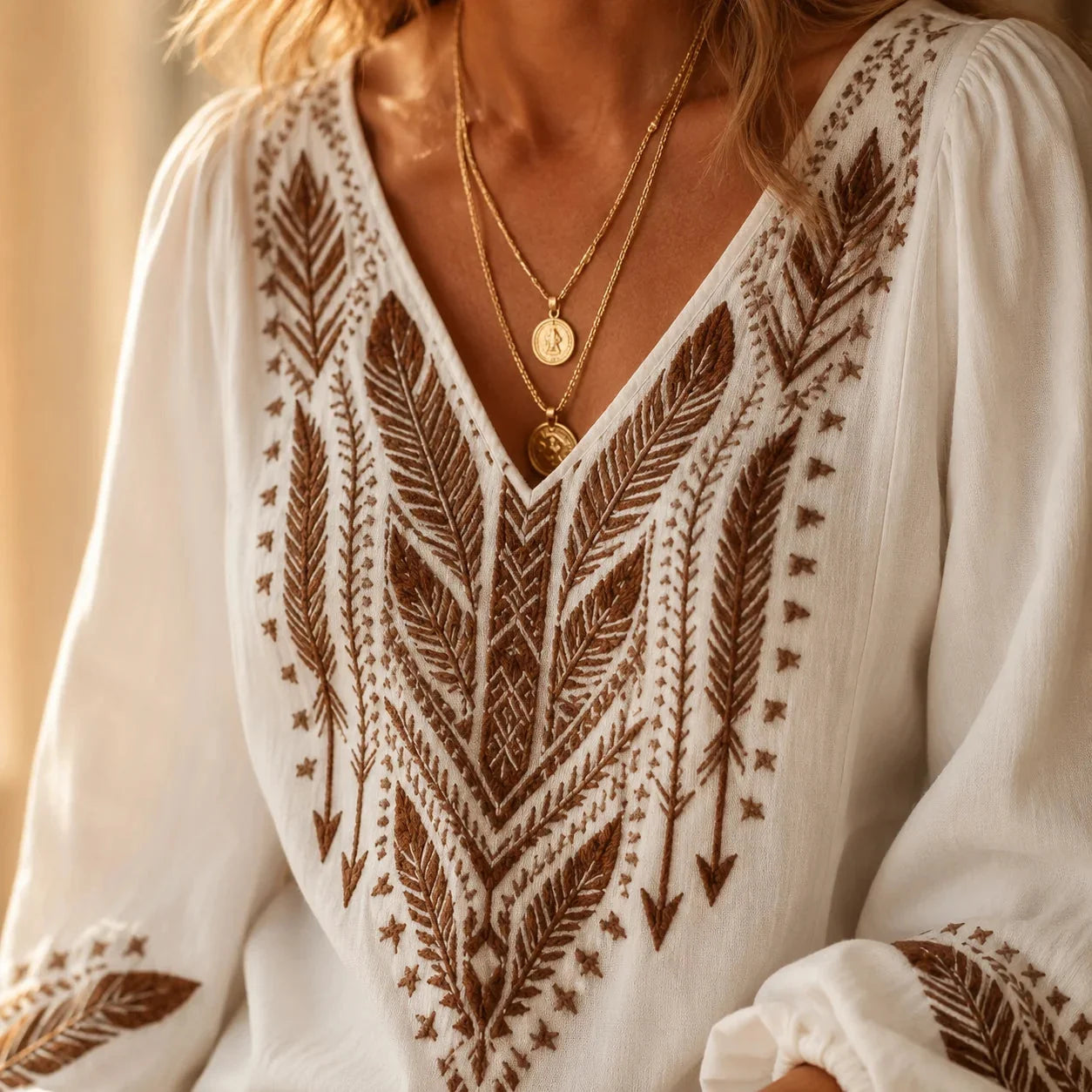 Soluna – Blouse Boho Brodée, Col en V, Manches Bouffantes