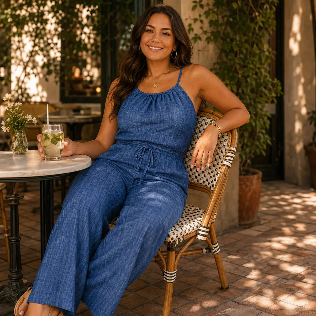 Soraya – Combinaison à bretelles larges avec cordon de serrage, Look Denim d'été