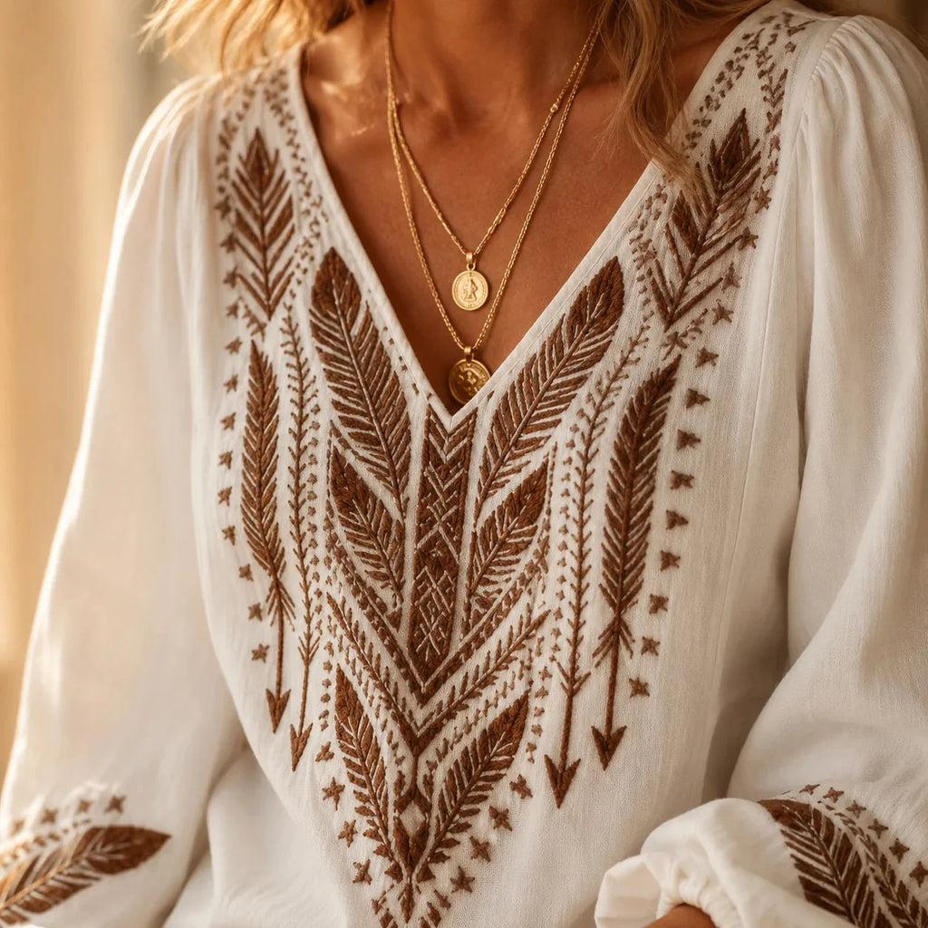 Soluna – Blouse Boho Brodée, Col V, Manches Bouffantes