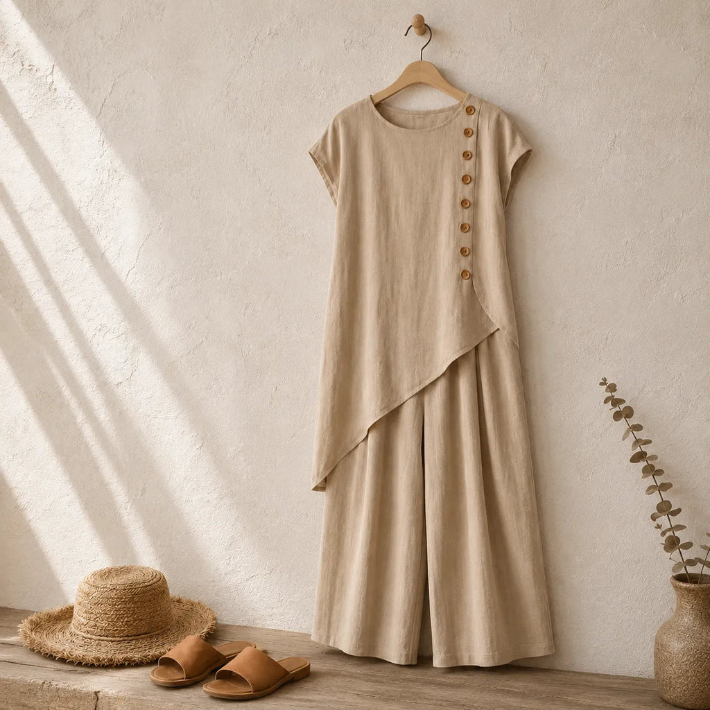 Elovena – Ensemble assorti à ourlet asymétrique avec pantalons à jambes larges