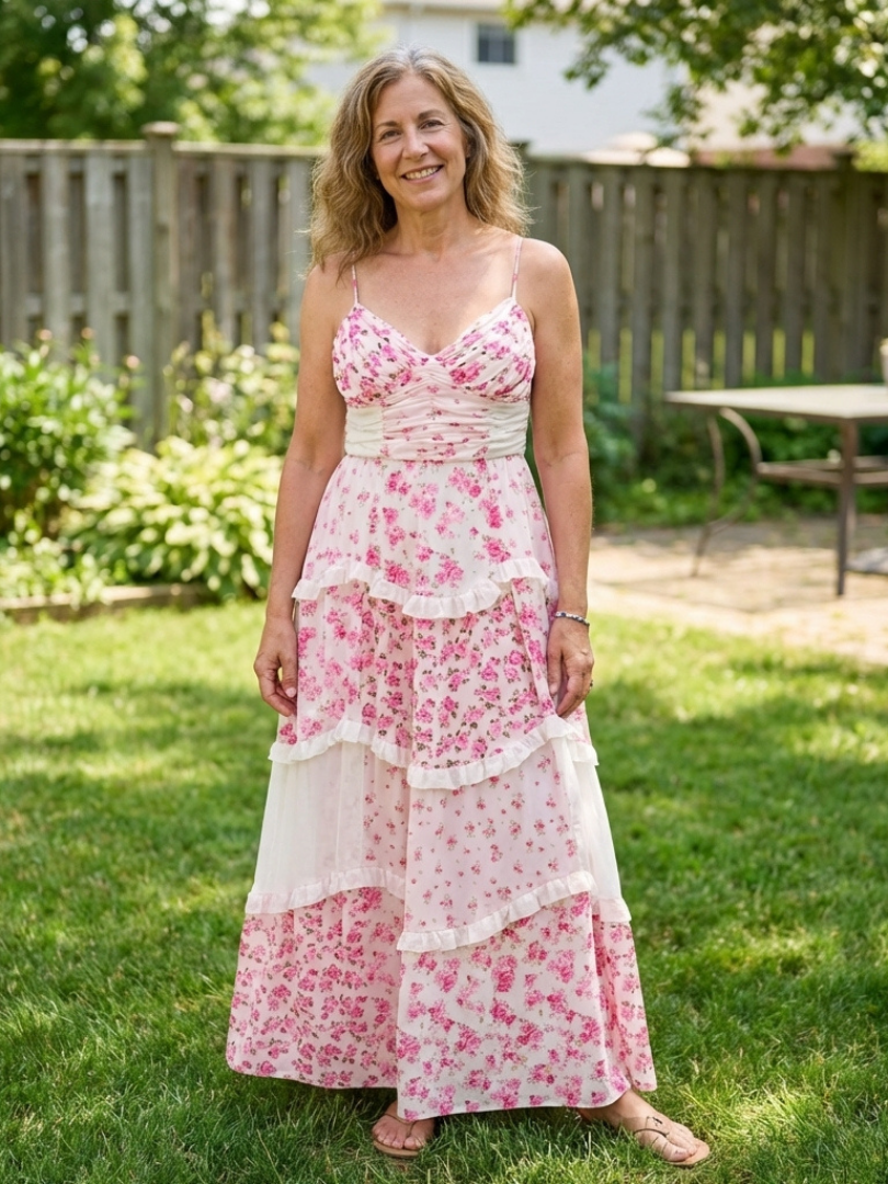 Linnea | Robe Maxi à Bretelles Spaghetti avec Corsage Froncé et Volants Floraux