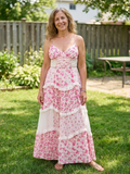 Linnea | Robe Maxi à Bretelles Spaghetti avec Corsage Froncé et Volants Floraux