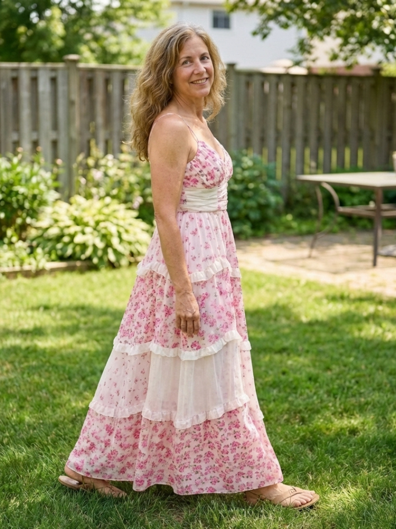 Linnea | Robe Maxi à Bretelles Spaghetti avec Corsage Froncé et Volants Floraux