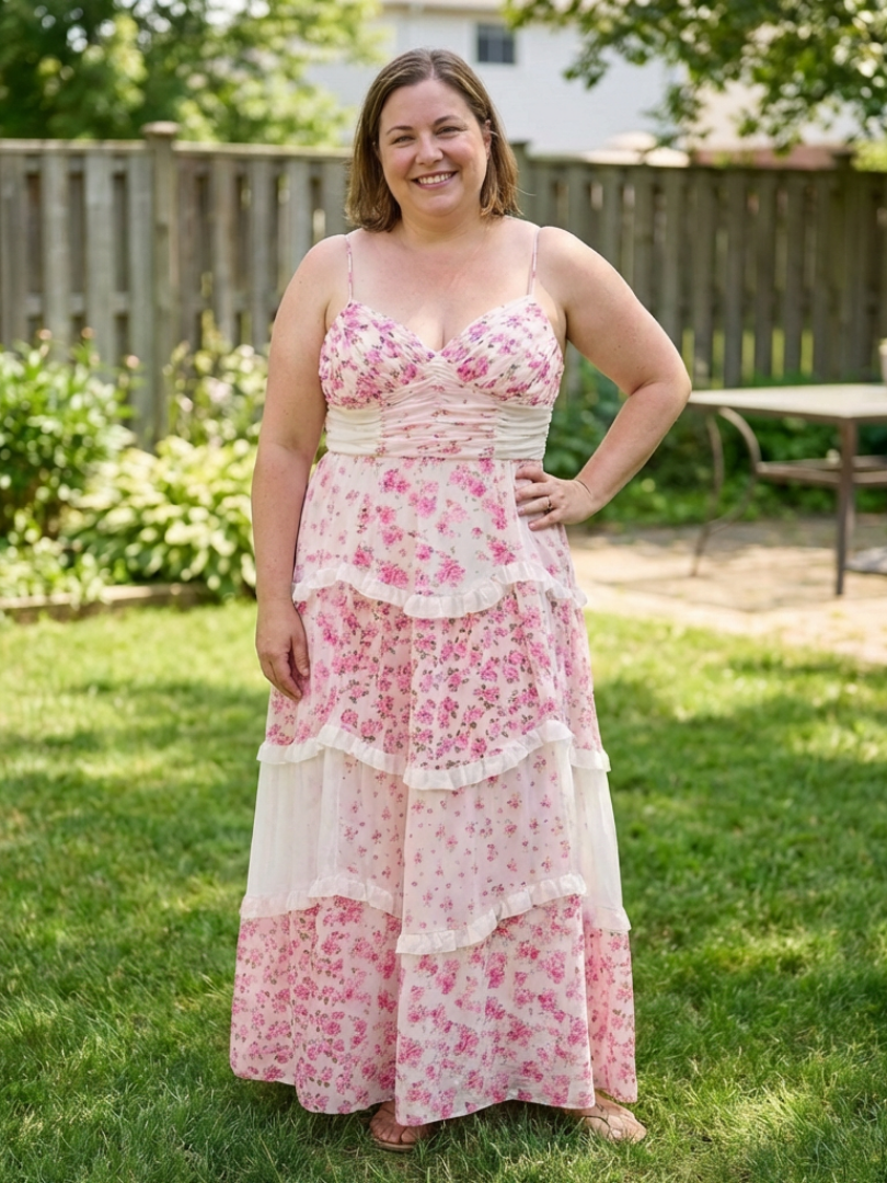 Linnea | Robe Maxi à Bretelles Spaghetti avec Corsage Froncé et Volants Floraux