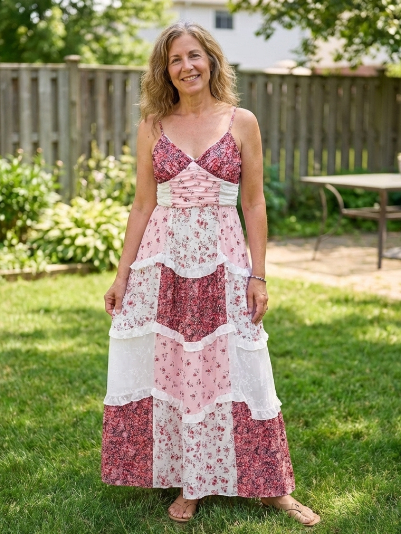 Linnea | Robe Maxi à Bretelles Spaghetti avec Corsage Froncé et Volants Floraux