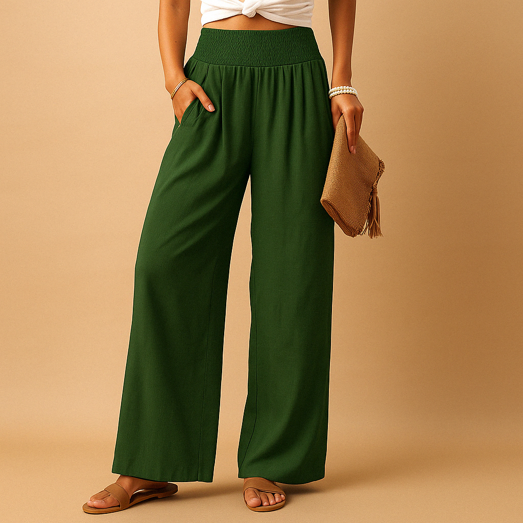 Pantalon en lin femme — taille haute élastique mélange coton | usage quotidien
