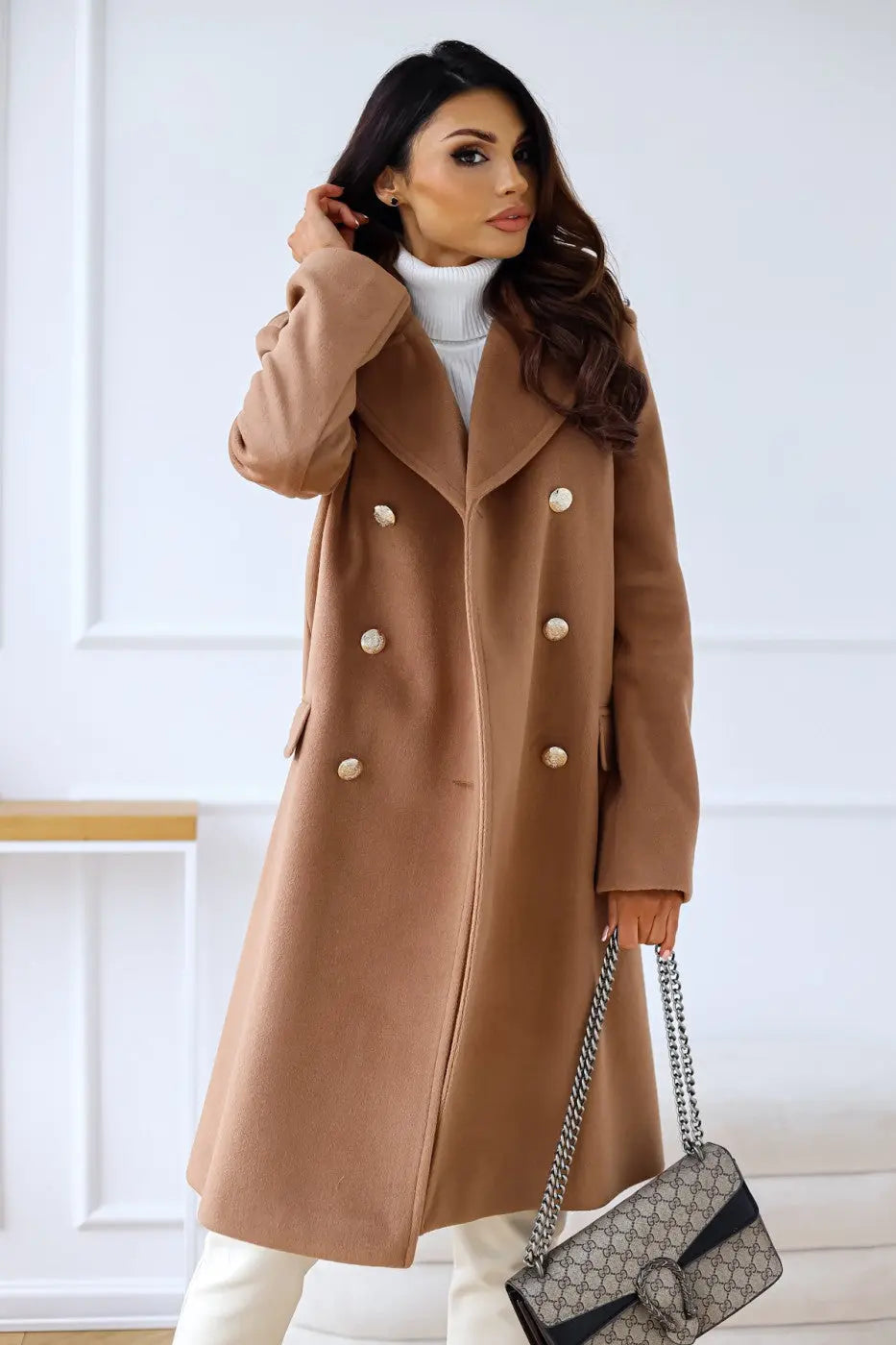 Manteau long en laine double boutonnage pour femmes