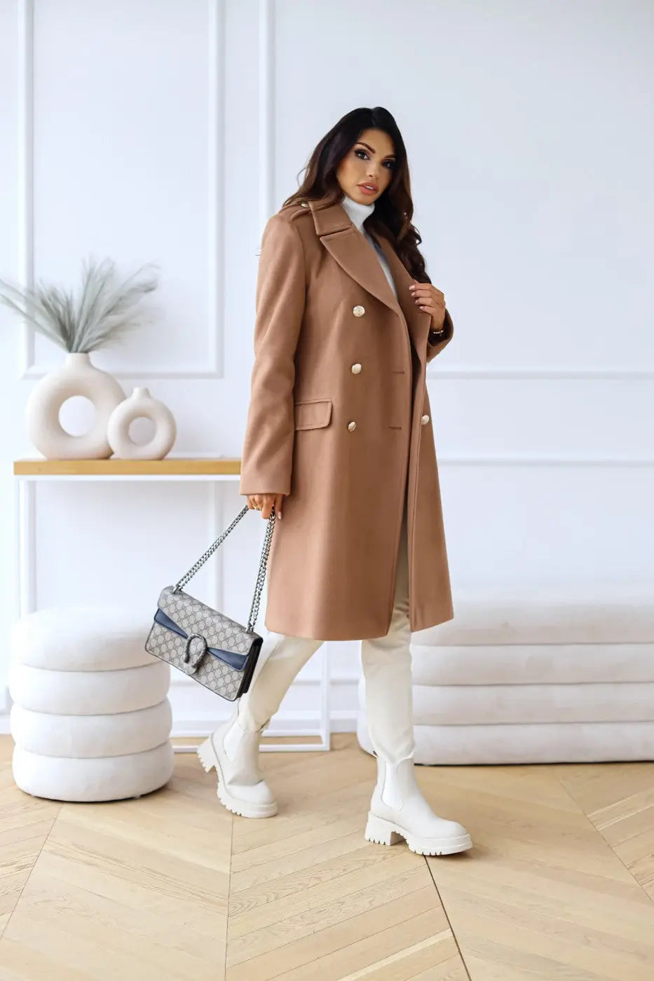 Manteau long en laine double boutonnage pour femmes
