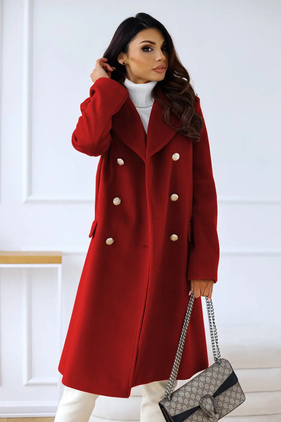Manteau long en laine double boutonnage pour femmes