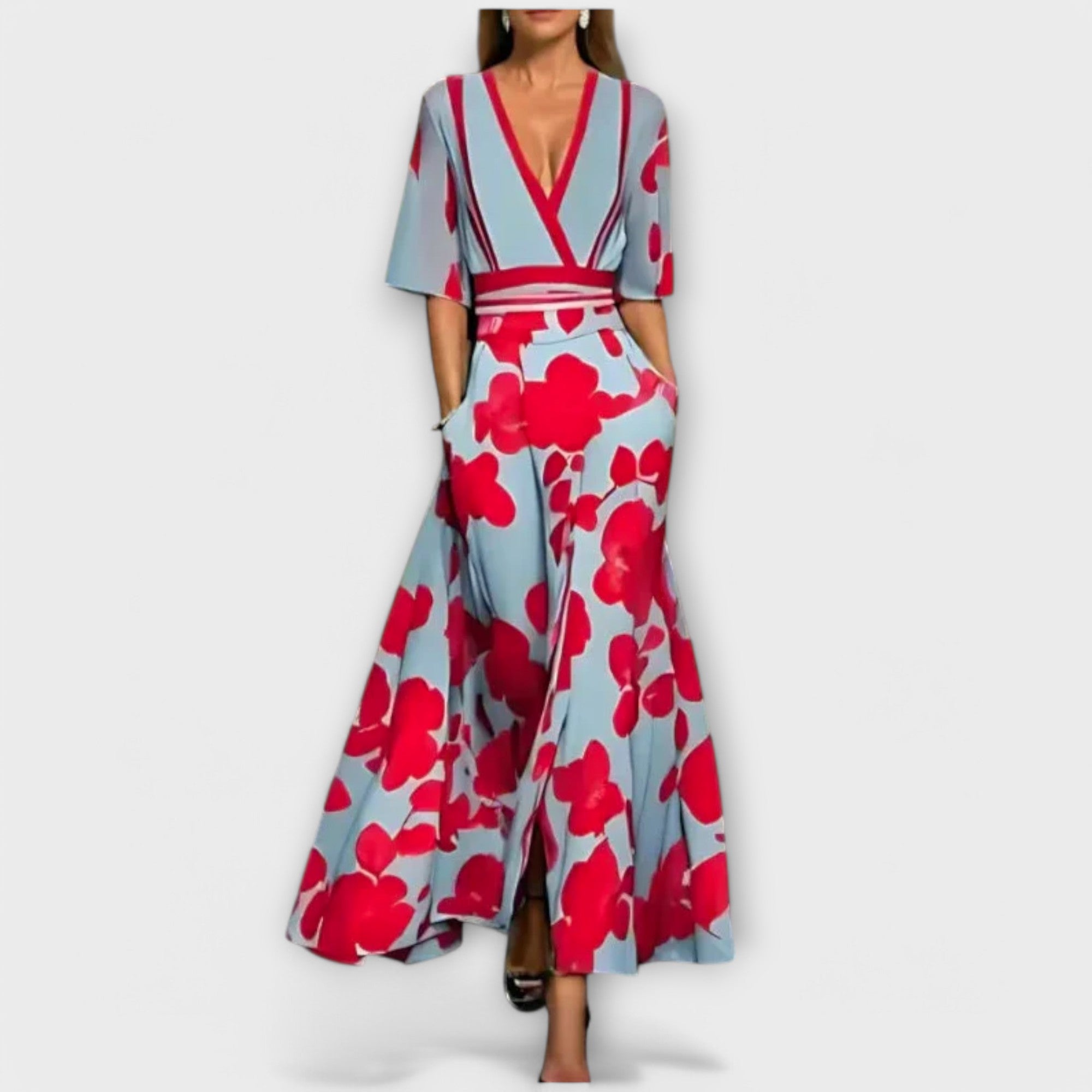 Robe Longue Femme avec Imprimé Floral et Décolleté en V