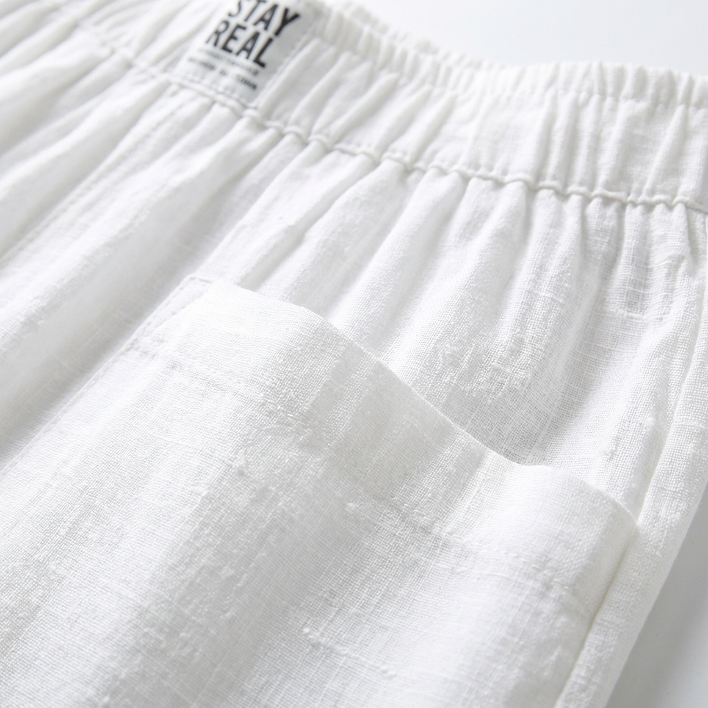 Pantalons en Coton et Lin pour Femme avec Taille Élastique et Poches Plaquées