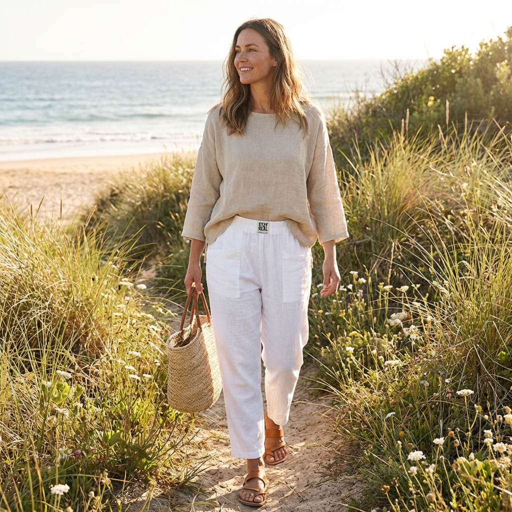 Pantalons en Coton et Lin pour Femme avec Taille Élastique et Poches Plaquées