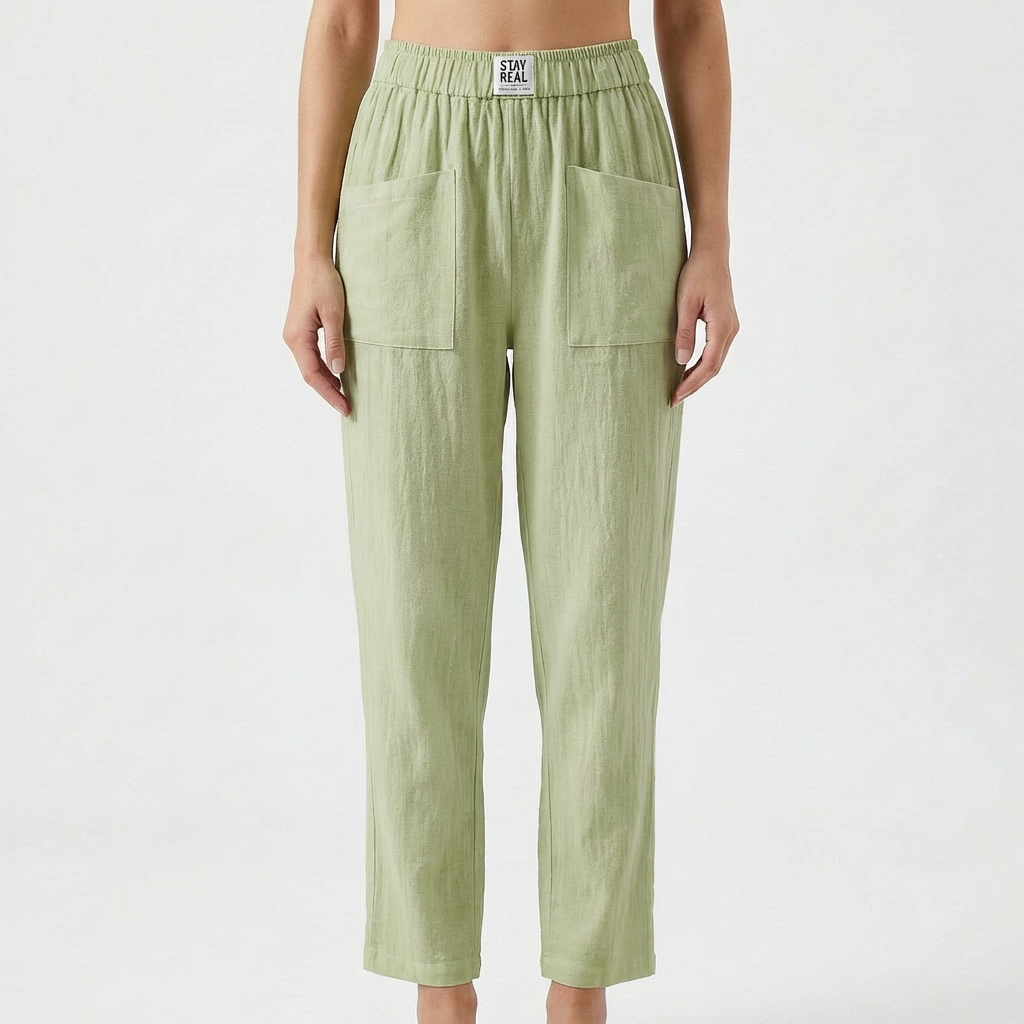 Pantalons en Coton et Lin pour Femme avec Taille Élastique et Poches Plaquées