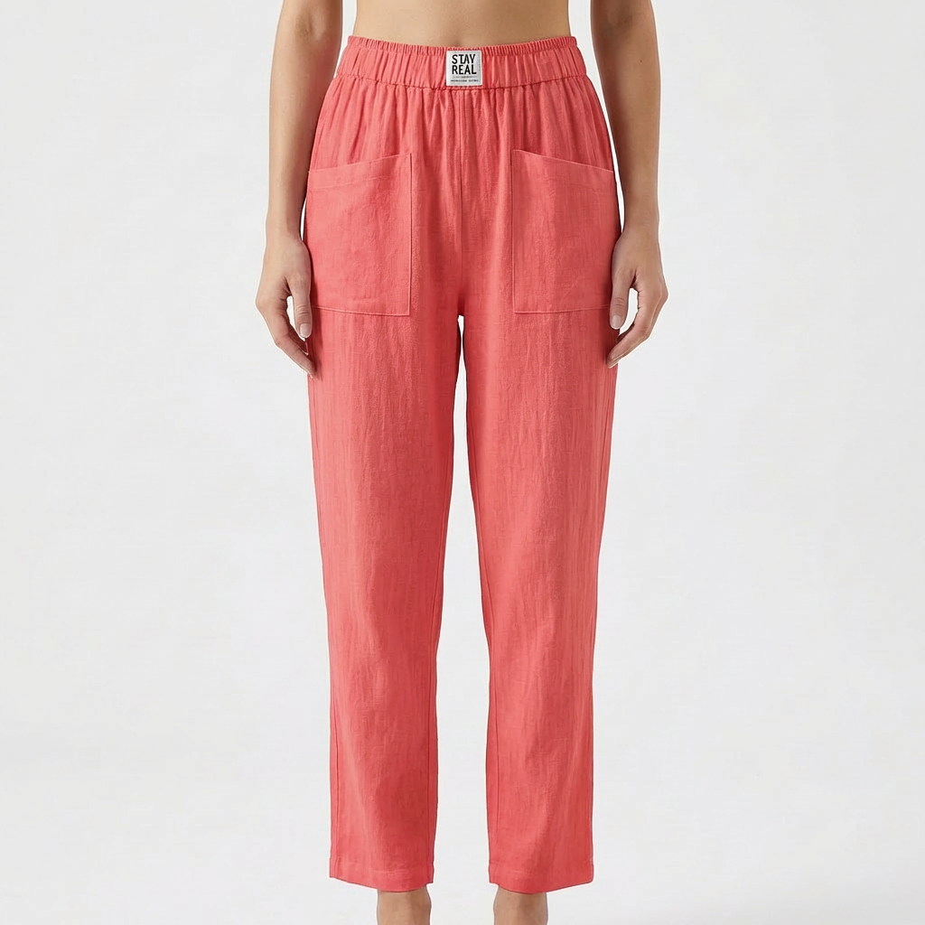 Pantalons en Coton et Lin pour Femme avec Taille Élastique et Poches Plaquées