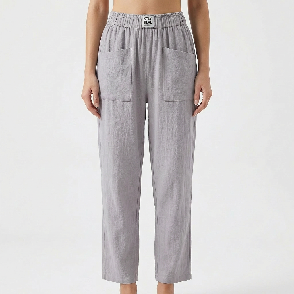 Pantalons en Coton et Lin pour Femme avec Taille Élastique et Poches Plaquées