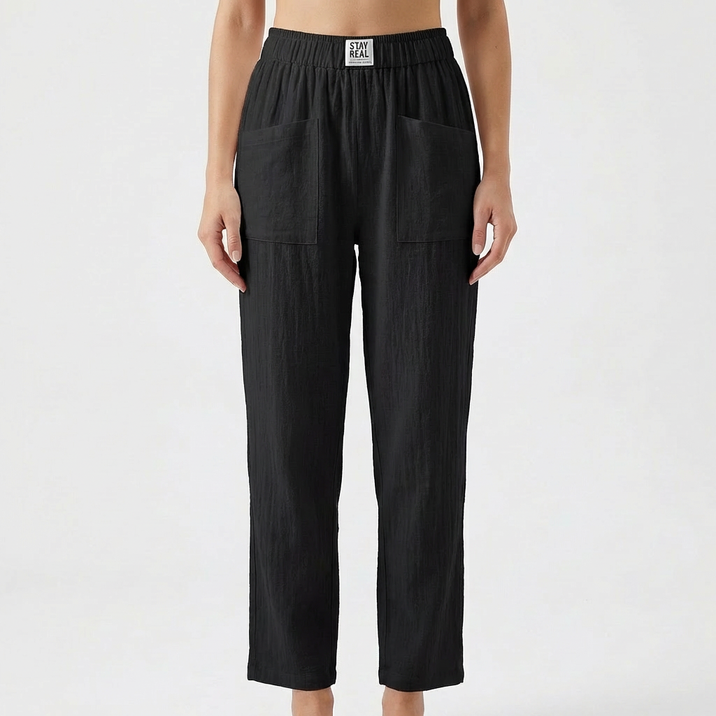 Pantalons en Coton et Lin pour Femme avec Taille Élastique et Poches Plaquées