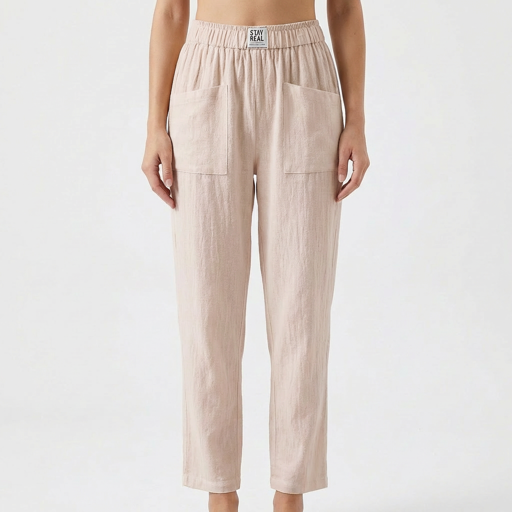 Pantalons en Coton et Lin pour Femme avec Taille Élastique et Poches Plaquées