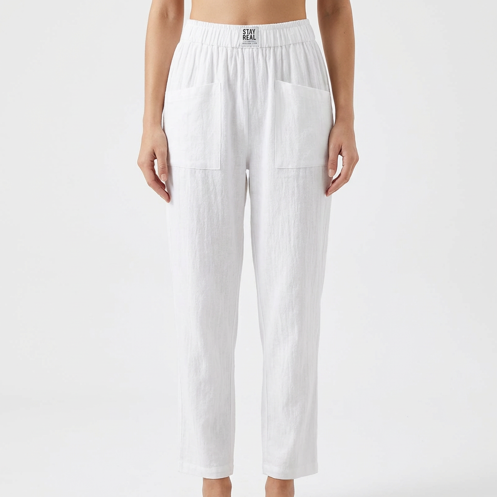 Pantalons en Coton et Lin pour Femme avec Taille Élastique et Poches Plaquées