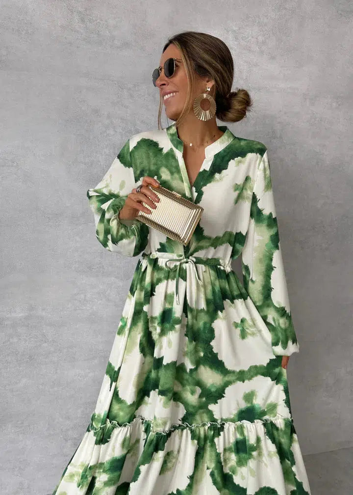 Robe Longue en Polyester avec Imprimé et Ajustement de Taille avec Cordon