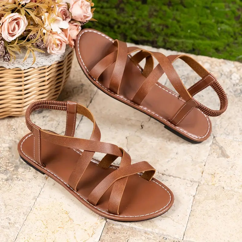 Sandales Plates en PU avec Brides Croisées et Fermeture à Boucle au Cheville