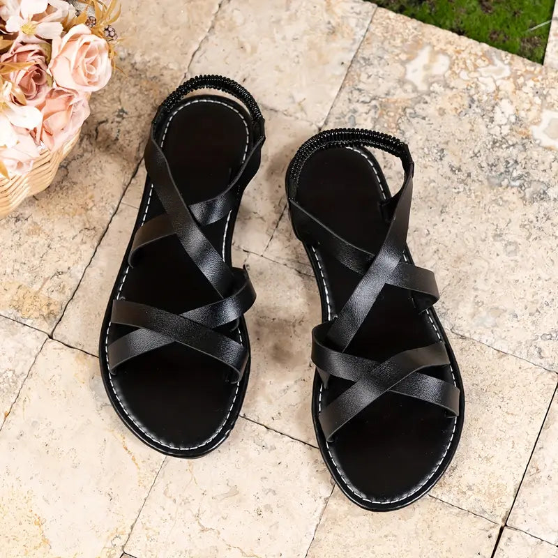 Sandales Plates en PU avec Brides Croisées et Fermeture à Boucle au Cheville