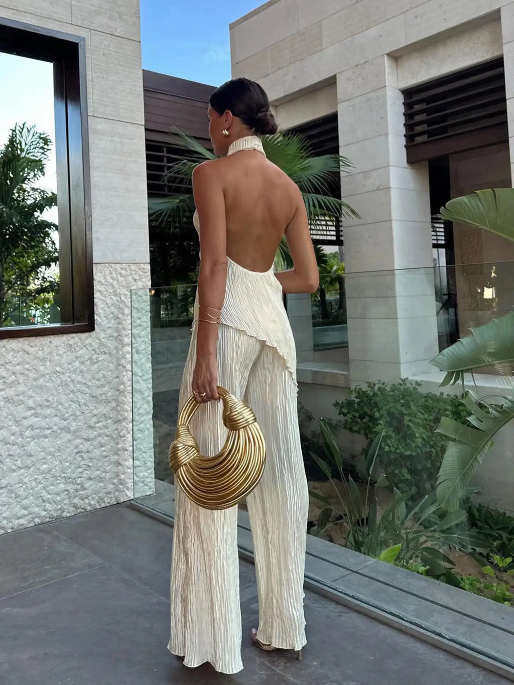 Ensemble de Pantalon et Top Halter pour Femme en Polyester Plissé de Deux Pièces