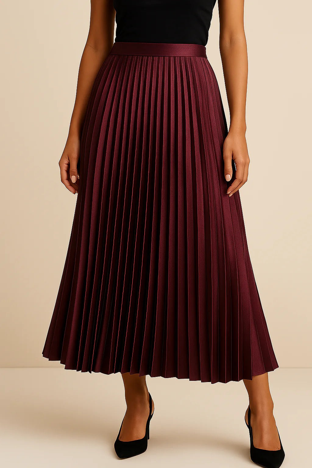 Jupe Longue en Polyester Satiné avec Taille Haute Élastique et Design Plissé