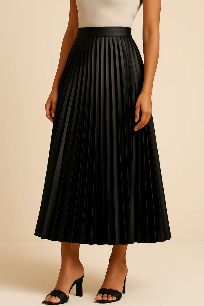 Jupe Longue en Polyester Satiné avec Taille Haute Élastique et Design Plissé