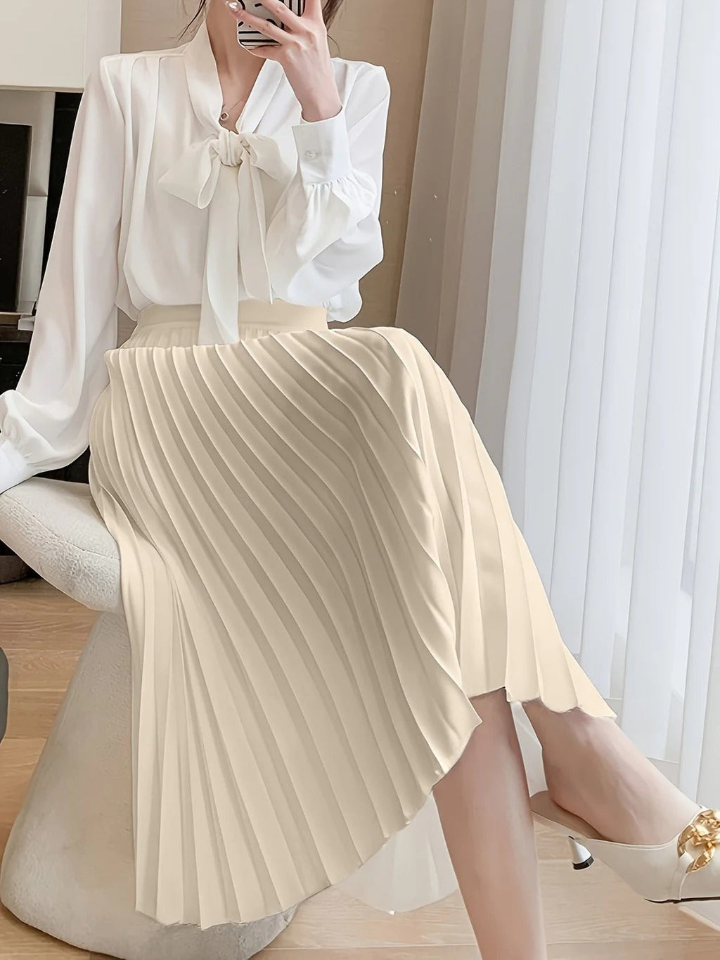 Jupe Longue en Polyester Satiné avec Taille Haute Élastique et Design Plissé