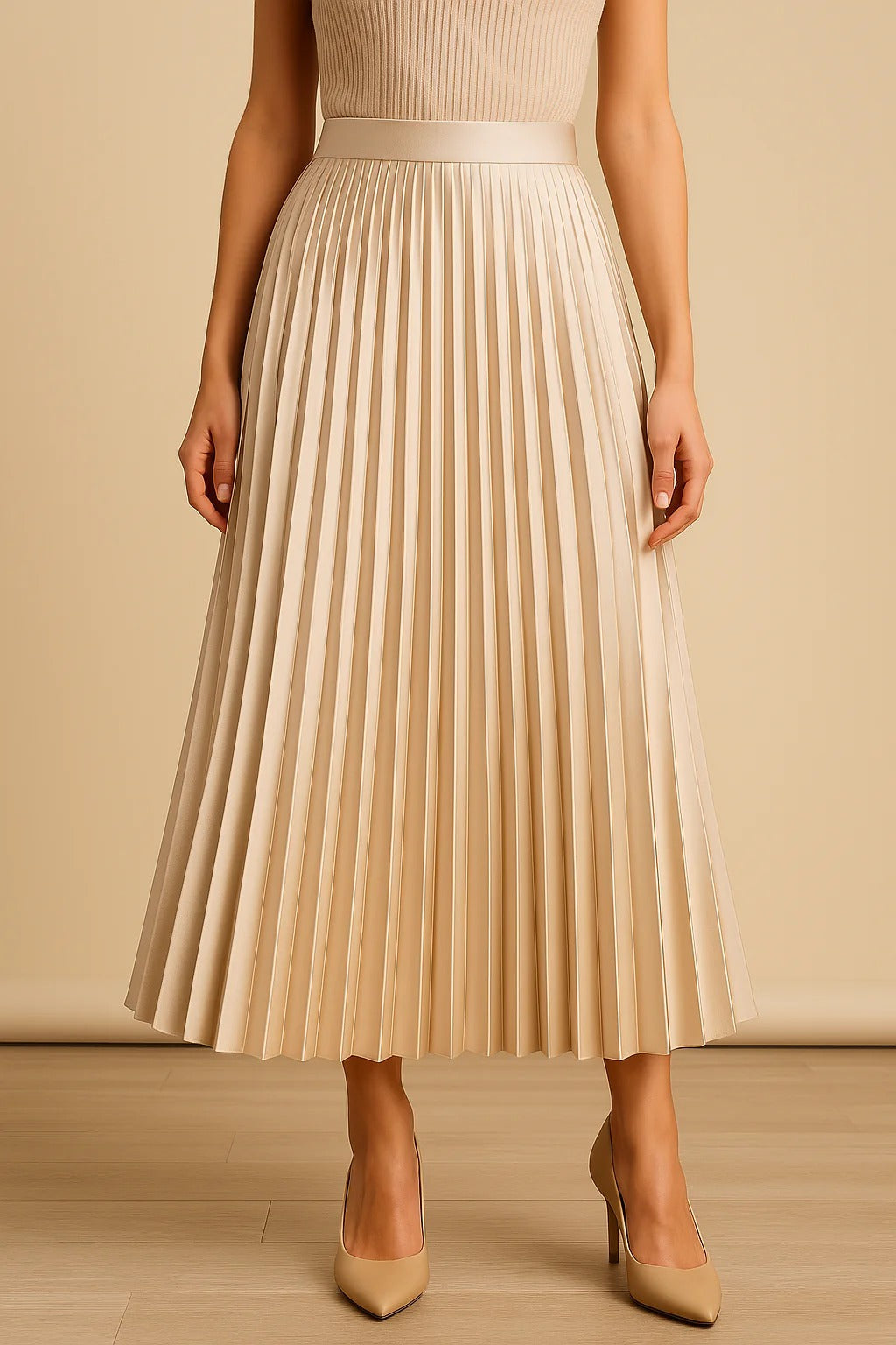 Jupe Longue en Polyester Satiné avec Taille Haute Élastique et Design Plissé