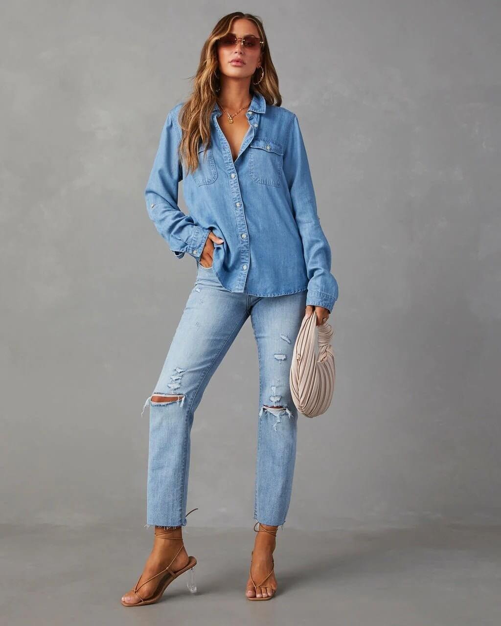 Chemise en Denim en Polyester pour Femme avec Col Rabattu et Manches Longues
