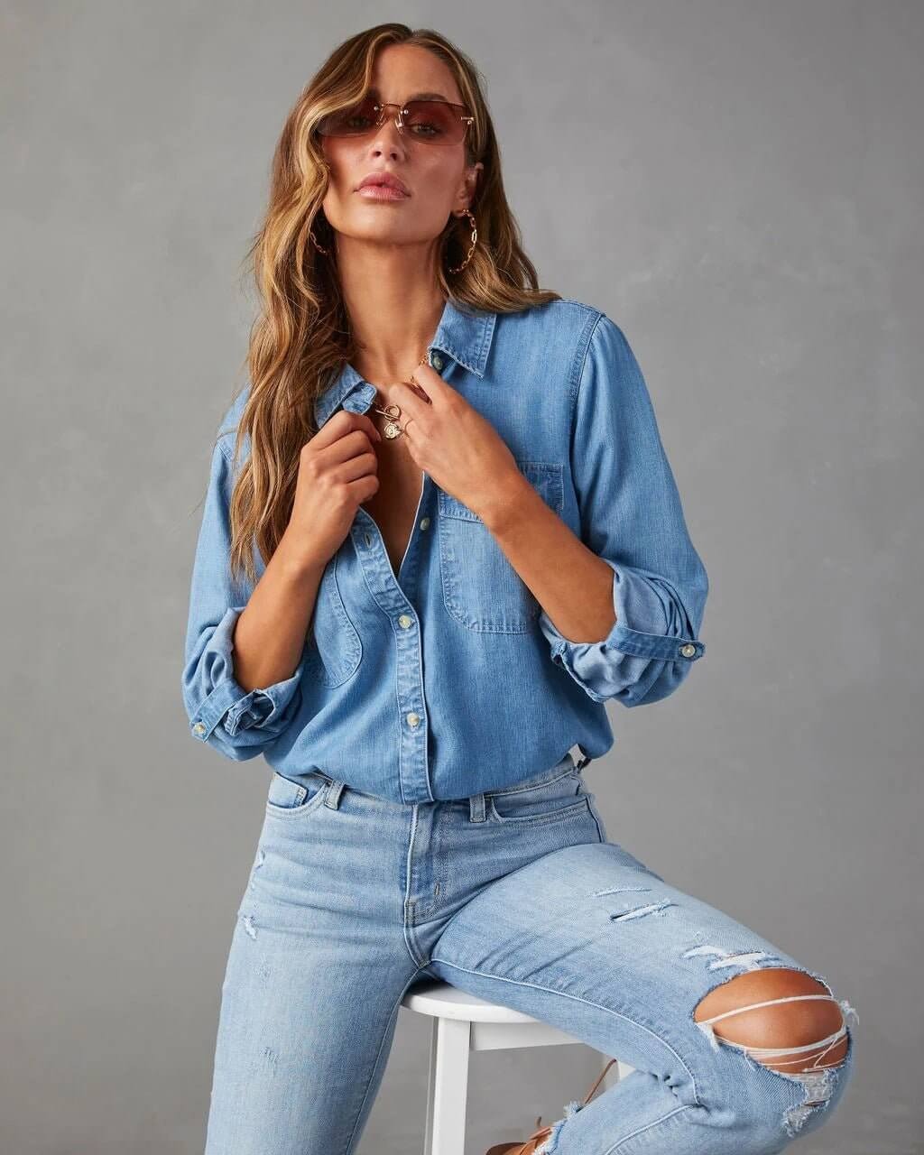 Chemise en Denim en Polyester pour Femme avec Col Rabattu et Manches Longues