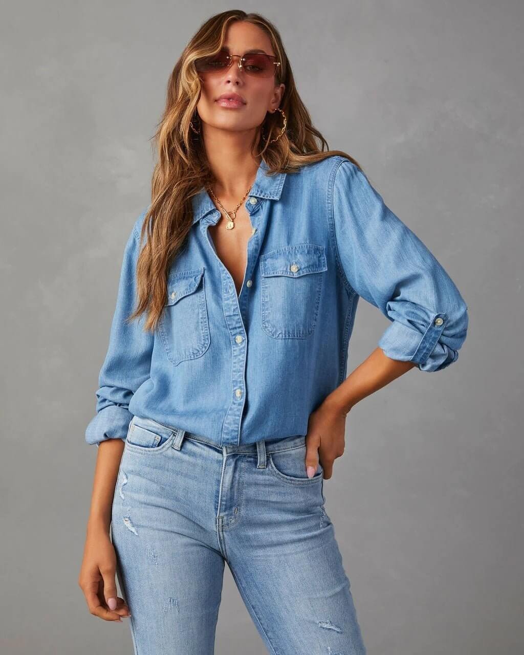 Chemise en Denim en Polyester pour Femme avec Col Rabattu et Manches Longues