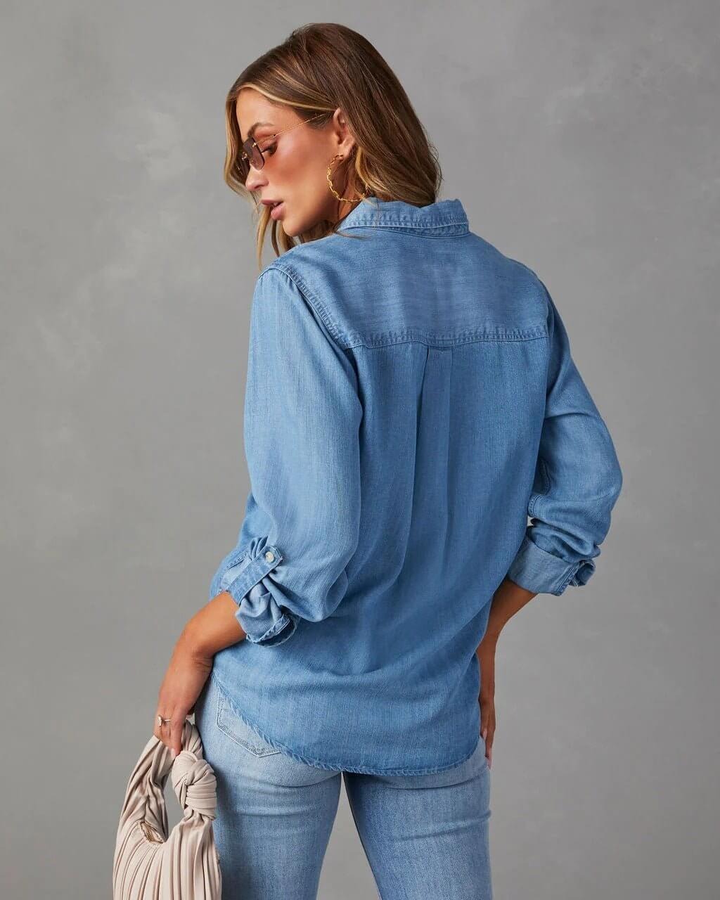 Chemise en Denim en Polyester pour Femme avec Col Rabattu et Manches Longues