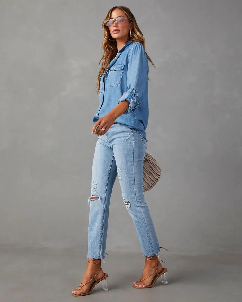 Chemise en Denim en Polyester pour Femme avec Col Rabattu et Manches Longues