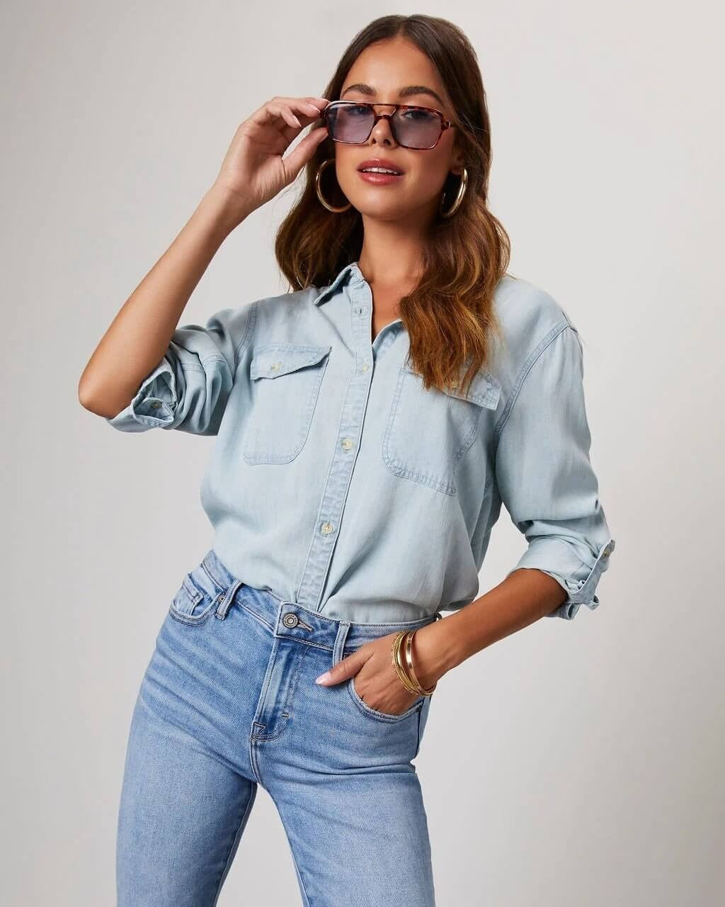 Chemise en Denim en Polyester pour Femme avec Col Rabattu et Manches Longues
