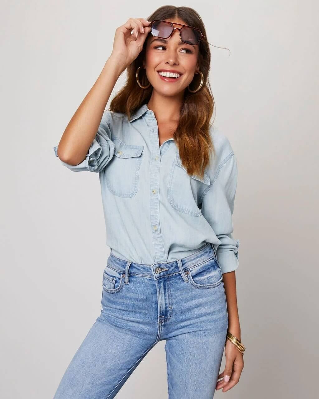 Chemise en Denim en Polyester pour Femme avec Col Rabattu et Manches Longues
