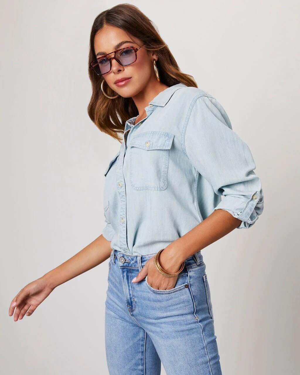 Chemise en Denim en Polyester pour Femme avec Col Rabattu et Manches Longues